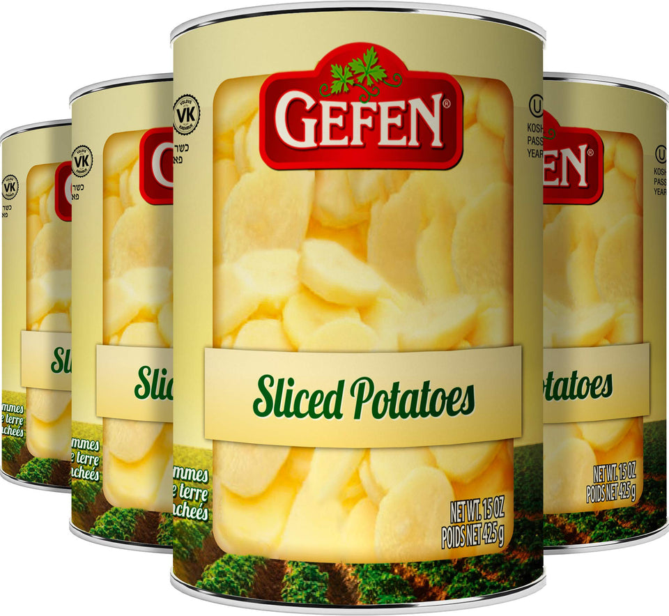 Gefen sliced potatoes in 15 oz can, ready to eat for quick meals.