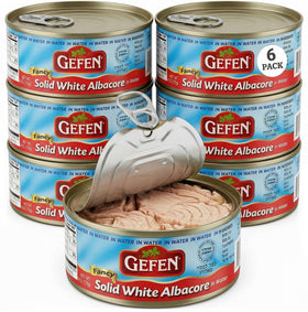 Gefen solid white albacore tuna in water can with an easy-open pull tab.