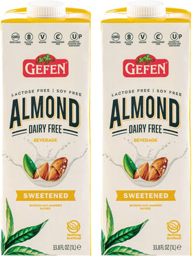 Gefen Sweetened Almond Milk 2-pack bottle for dairy-free mornings and coffee.