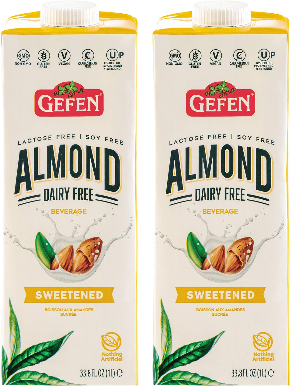 Gefen Sweetened Almond Milk 2-pack bottle for dairy-free mornings and coffee.