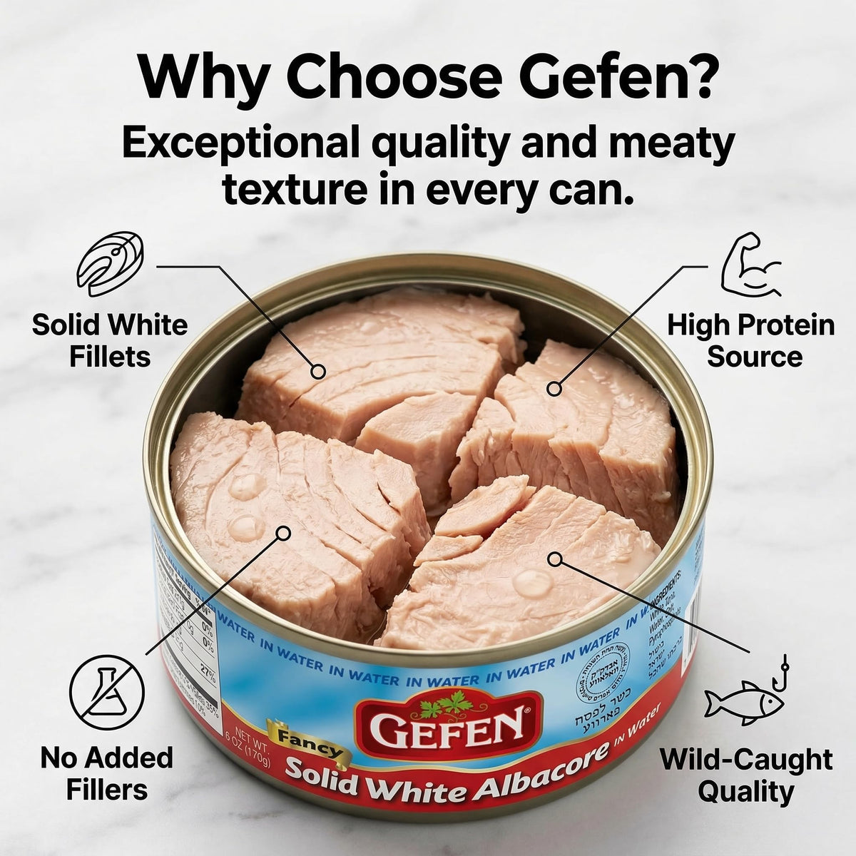 Gefen tuna in water front view pack ideal for quick pantry meals.