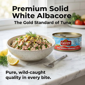 Gefen tuna in water serving plate showcases light, ready-to-eat seafood.