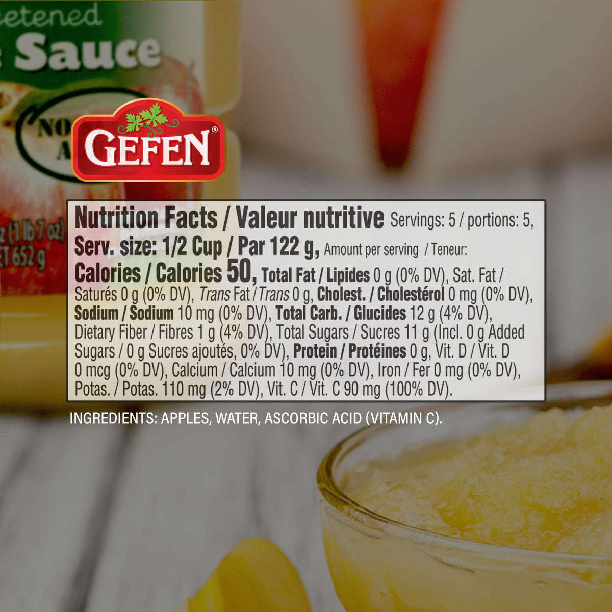 Gefen unsweetened apple sauce 23oz jar chilled serve, refreshing snack, no sugar added.