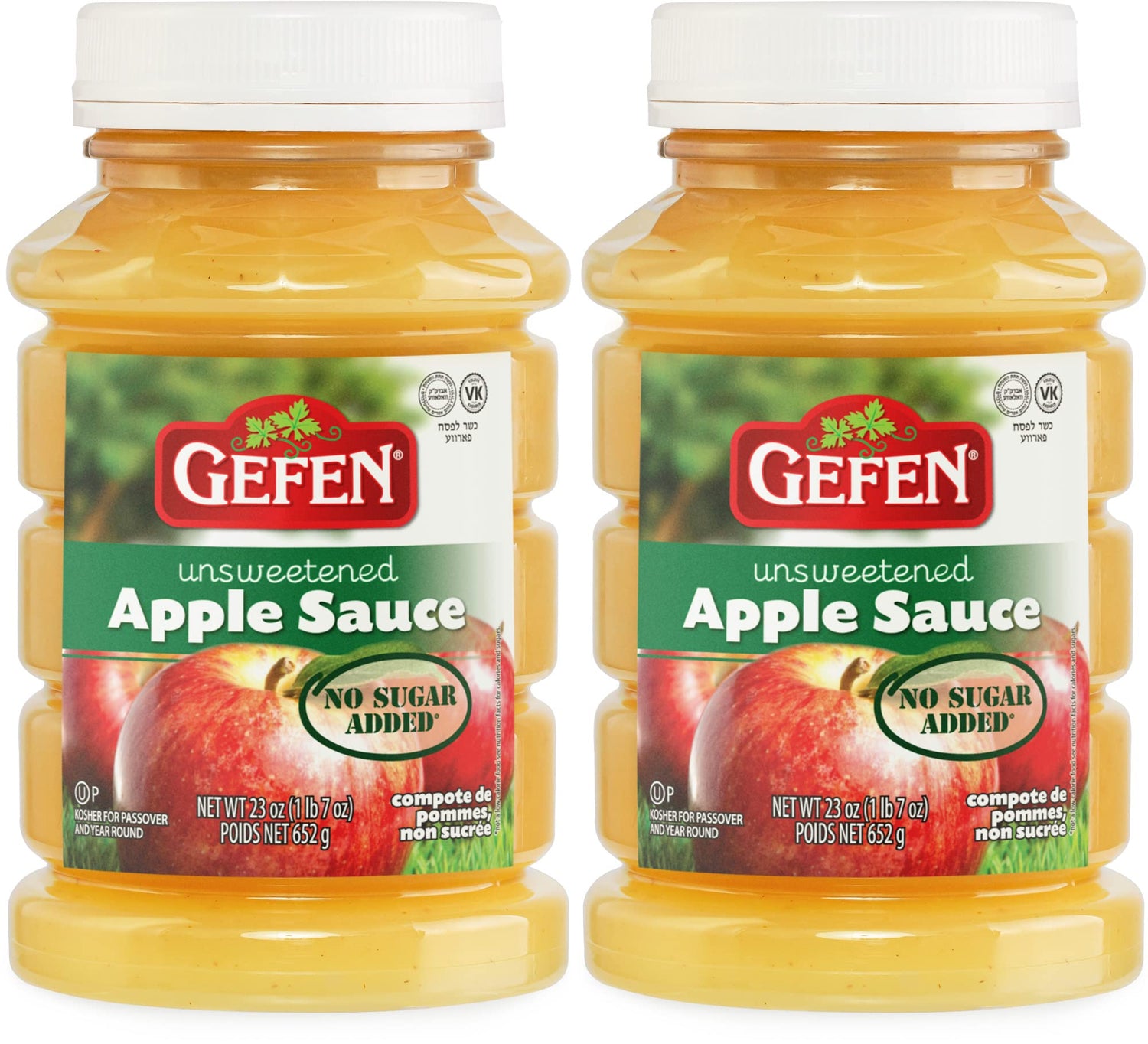 Gefen unsweetened apple sauce 23oz jar front view, kosher for Passover, no sugar added.