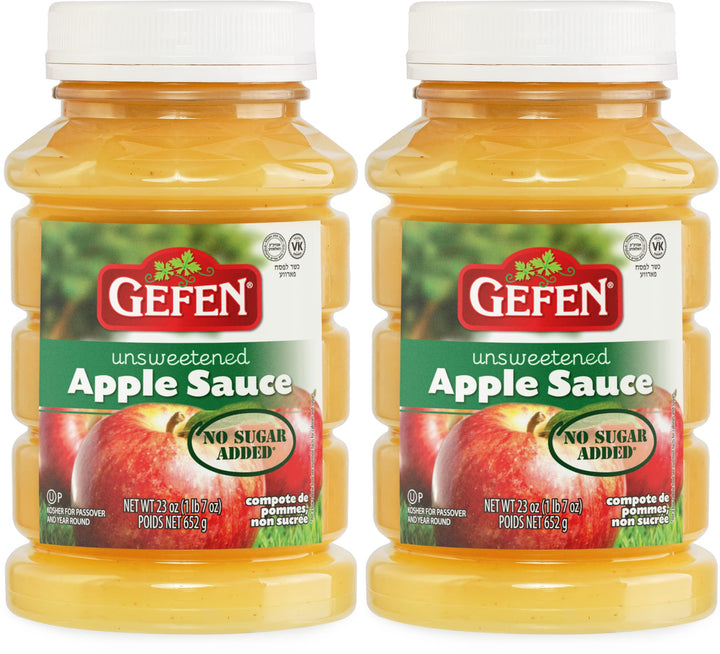 Gefen unsweetened apple sauce 23oz jar front view, kosher for Passover, no sugar added.