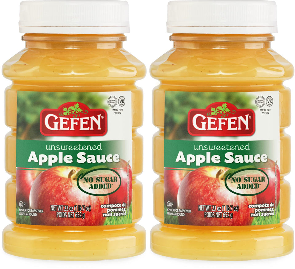 Gefen unsweetened apple sauce 23oz jar front view, kosher for Passover, no sugar added.