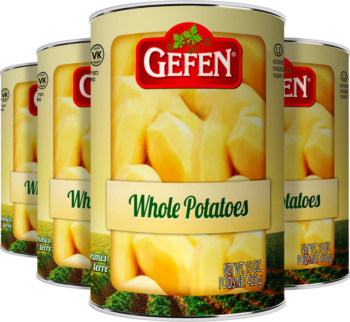 Gefen whole potatoes 15 oz four-pack, ready to eat, perfect for quick sides.