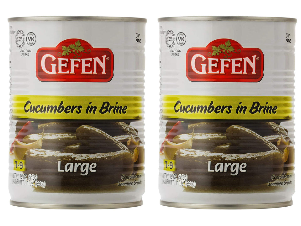 Gefen large pickled cucumber in brine can two-pack, convenient snack option