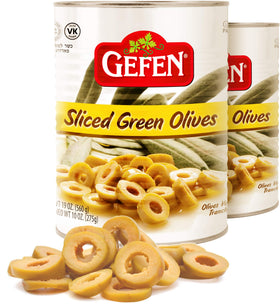 Gefen sliced green olives 2-pack packaging, perfect for quick toppings and tapas.