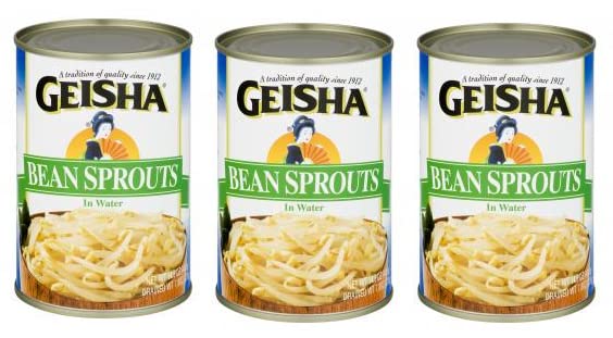 Geisha bean sprouts pack-3-cans: water-packed, ready-to-use crunch for stir-fries and salads.