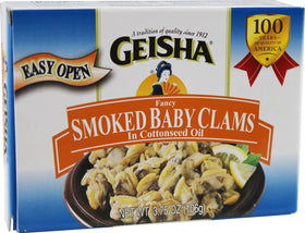 Geisha smoked baby clams in oil pack of 3 tins, convenient for ready-made appetizers.