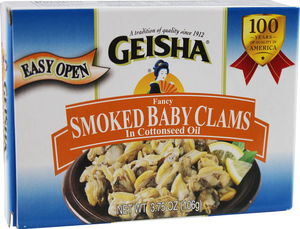 Geisha smoked baby clams in oil pack of 3 tins, convenient for ready-made appetizers.