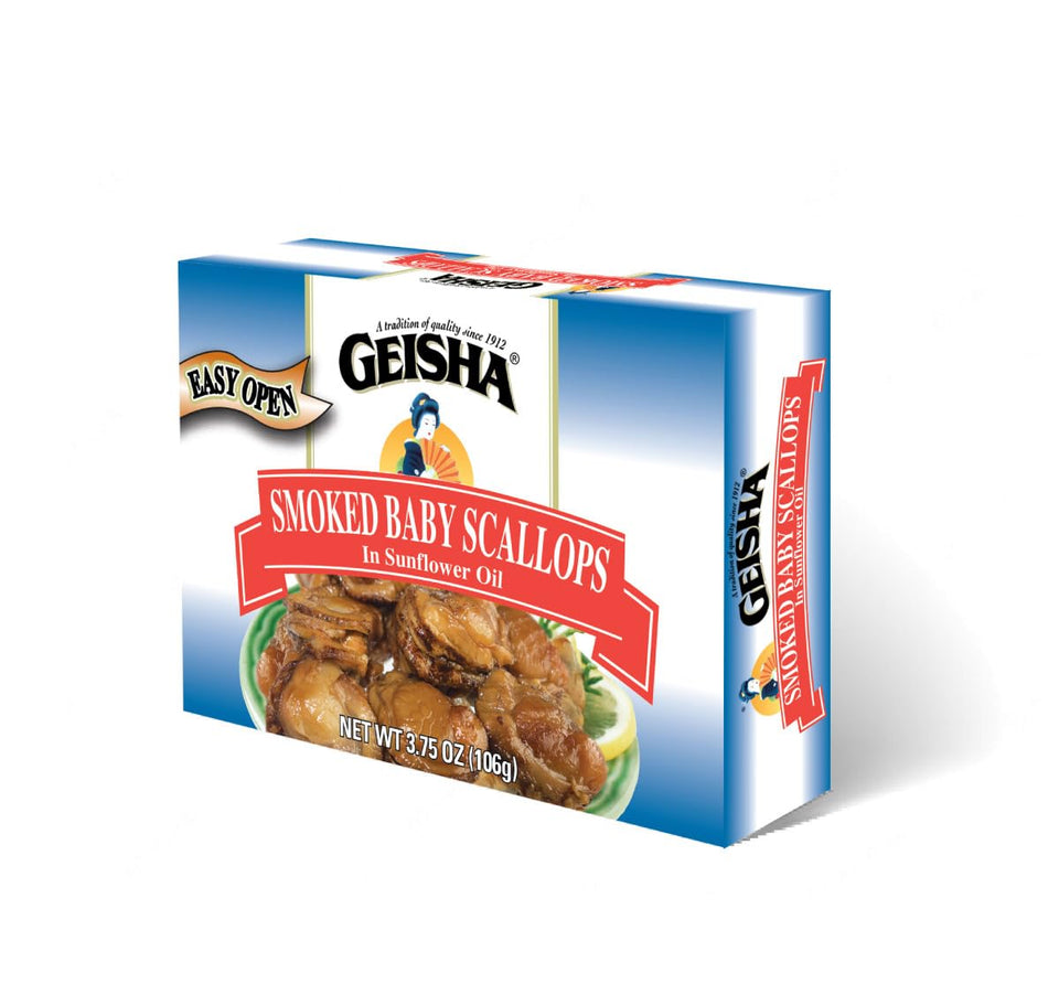 Geisha smoked baby scallops 12-pack—premium seafood for quick meals.