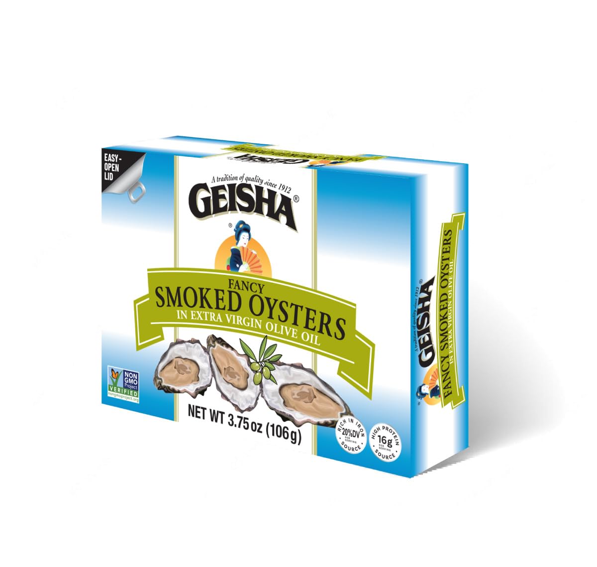 GEISHA smoked oysters in olive oil can – gluten-free protein option.