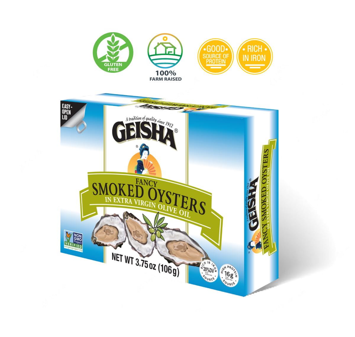 GEISHA smoked oysters close-up in olive oil – iron-rich serving.