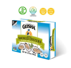GEISHA smoked oysters close-up in olive oil – iron-rich serving.