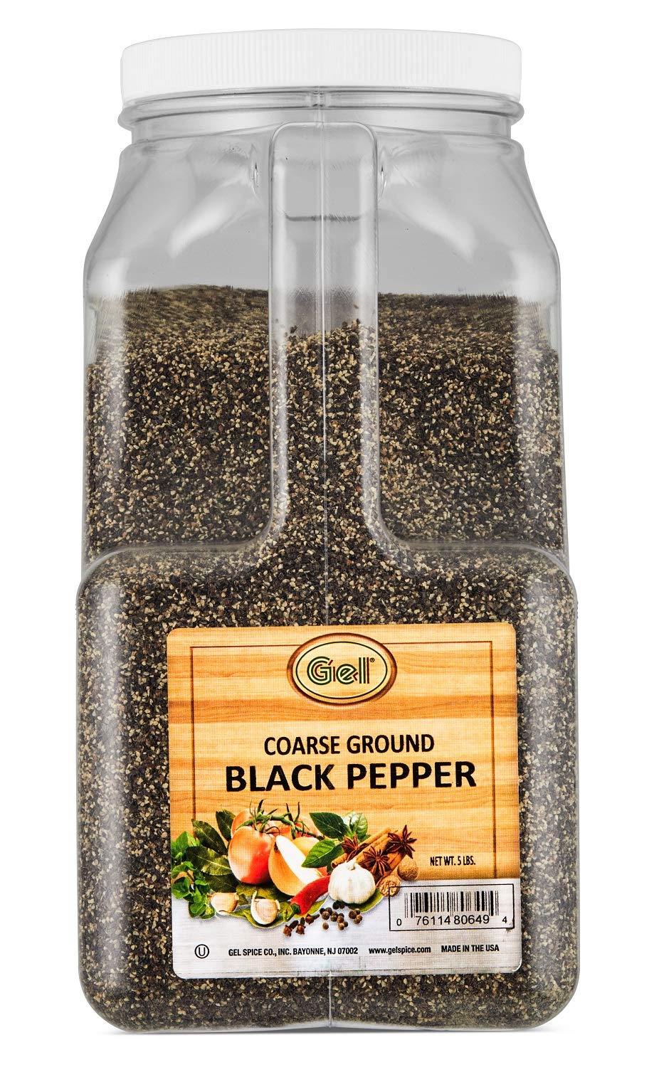 Gel Spice coarse ground black pepper in a 5 lb jar boosts bold flavor on poultry and vegetables