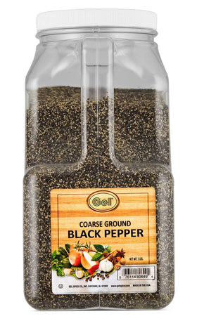 Gel Spice coarse ground black pepper in a 5 lb jar boosts bold flavor on poultry and vegetables