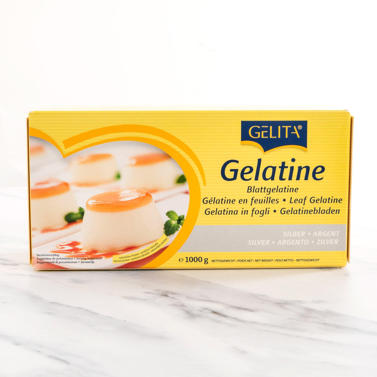 Gelita Silver Gelatin Sheets in box for odorless, versatile gelling in desserts and savory dishes.