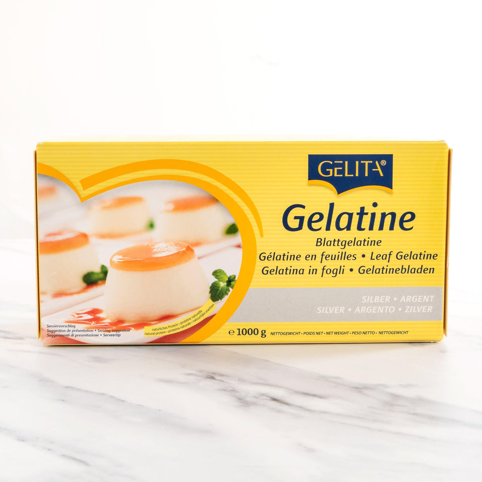 Gelita Silver Gelatin Sheets in box for odorless, versatile gelling in desserts and savory dishes.