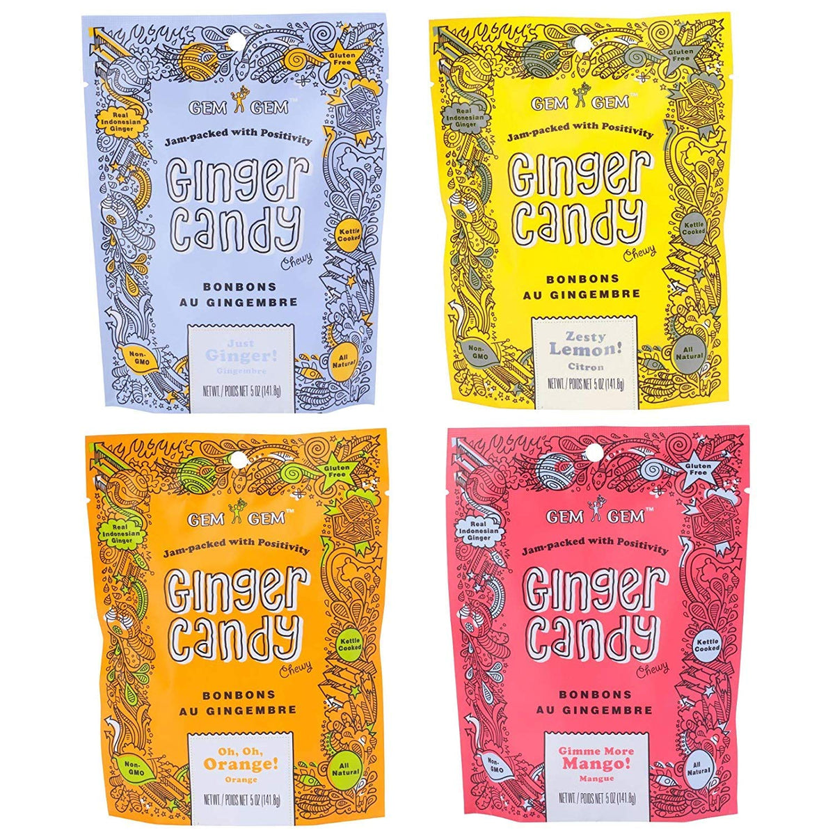 Gem Gem assorted ginger chews 4-pack with four flavors for quick mood lift