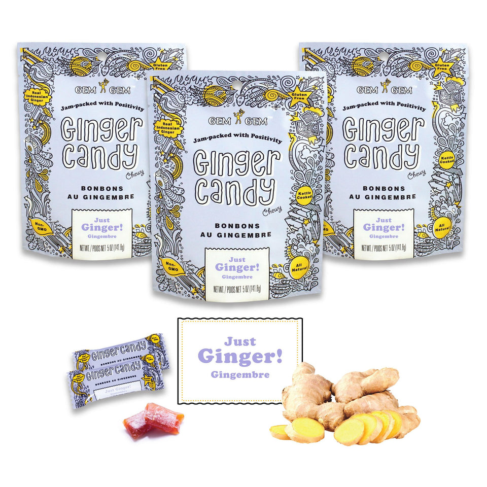 Gem Gem Ginger Candy Chews original three-pack box, ideal for gifts and celebrations.