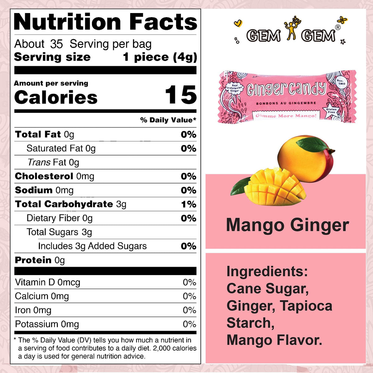 Gem Gem Ginger Candy label showing non-GMO, gluten-free, vegan