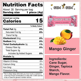 Gem Gem Ginger Candy label showing non-GMO, gluten-free, vegan