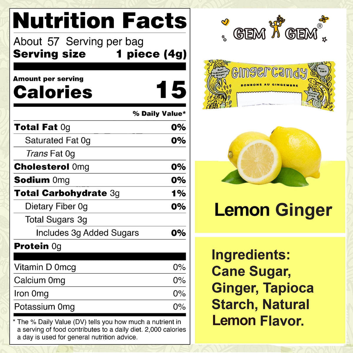 Gem Gem Ginger Candy Lemon flavor image highlighting bright citrus note