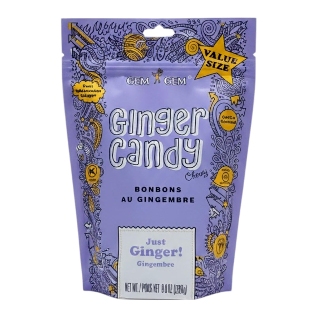 Gem Gem Ginger Candy Chews original 8oz pack close-up highlighting authentic ginger flavor