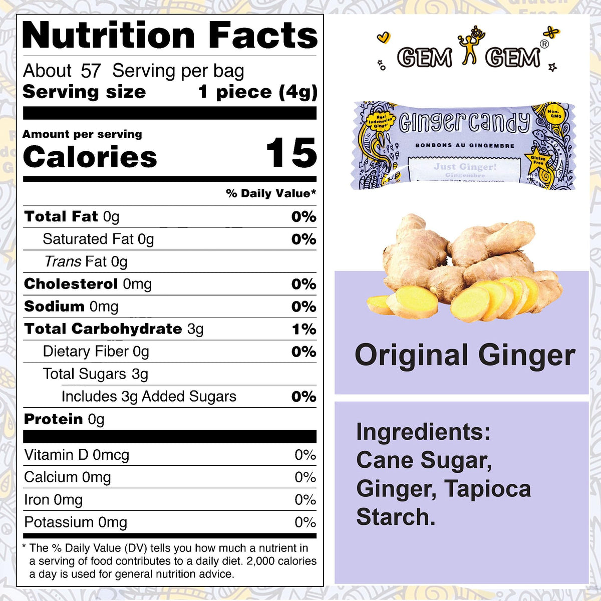 Gem Gem Ginger Candy Chews on shelf, gluten-free and vegan option showcased