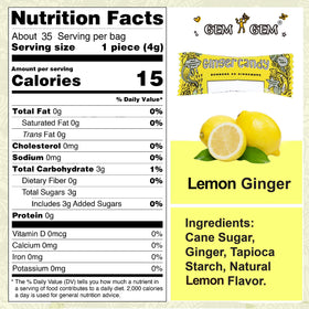 Gem Gem Ginger Candy packaging lemon flavor in vegan, gluten-free 6-pack.