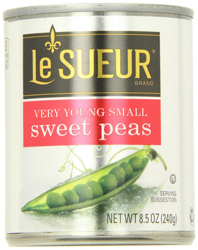 General Mills Le Sueur small peas in 8.5-ounce cans, convenient pantry staple for easy recipes.