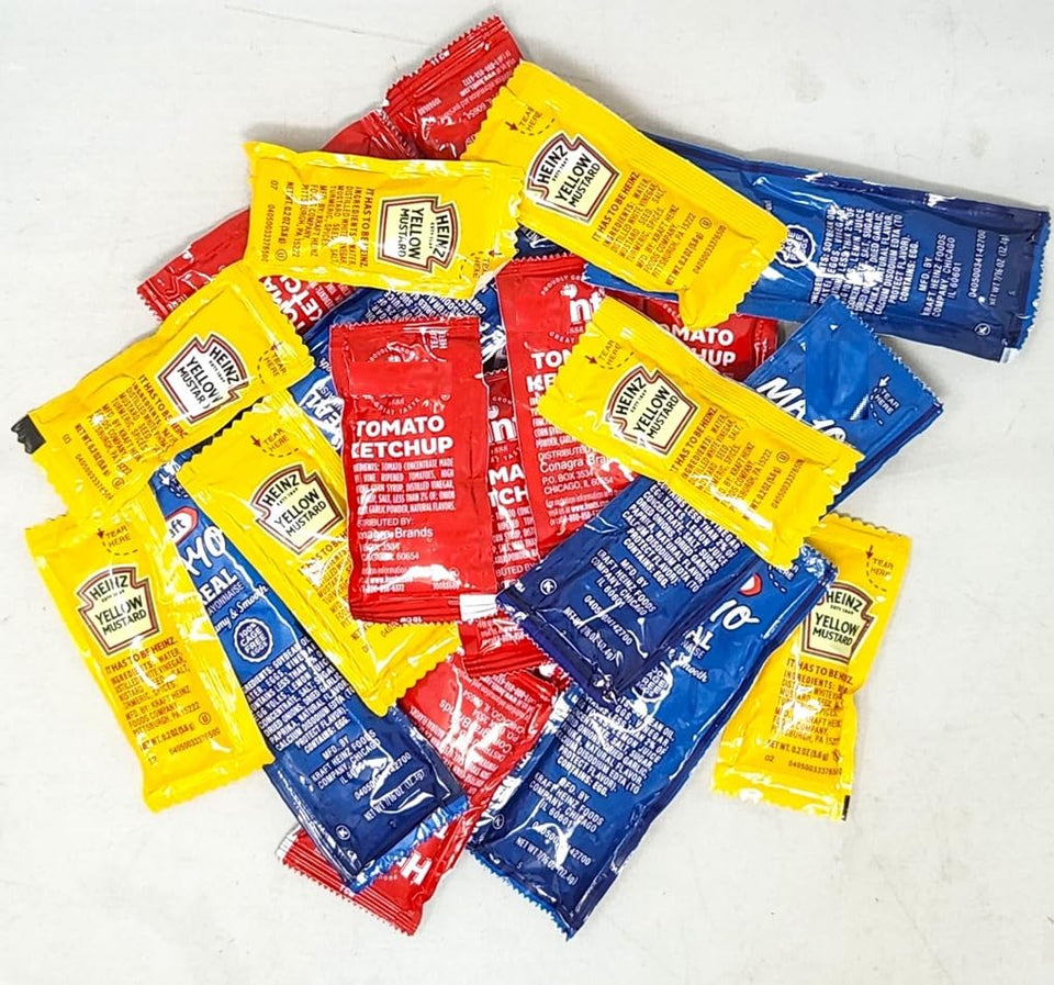 Generic 75-pack ketchup, mustard, mayo packets for on-the-go meals and easy portion control.