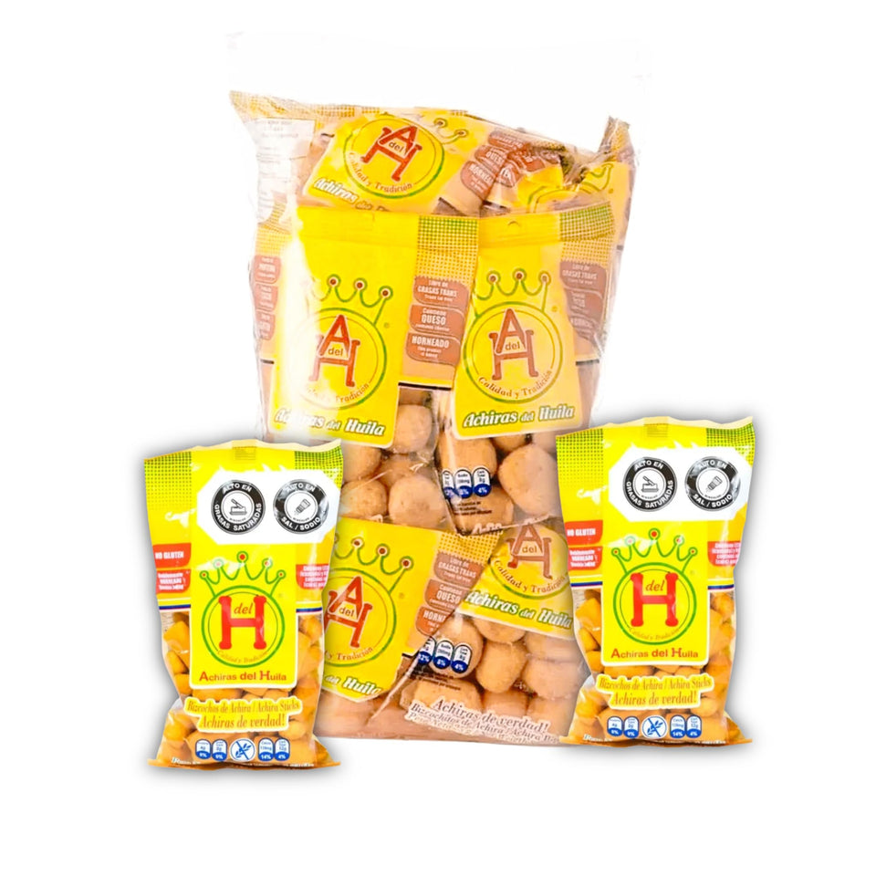 Generic Achiras del Huila 12-pack bags show gluten-free crunchy Colombian snacks.