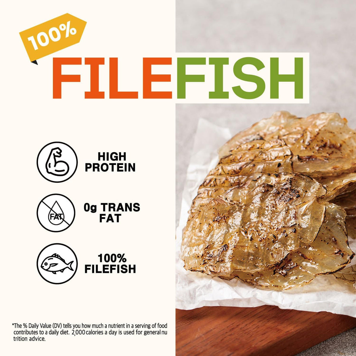 Generic Arawoom roasted filefish jerky nutrition label highlights protein content