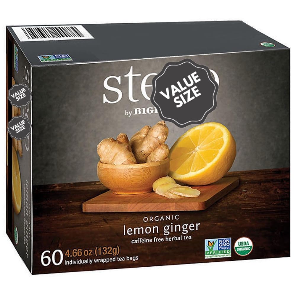 Generic Bigelowwss Organic Lemon Ginger Tea packaging with 60 tea bags offering fresh, uplifting aroma.