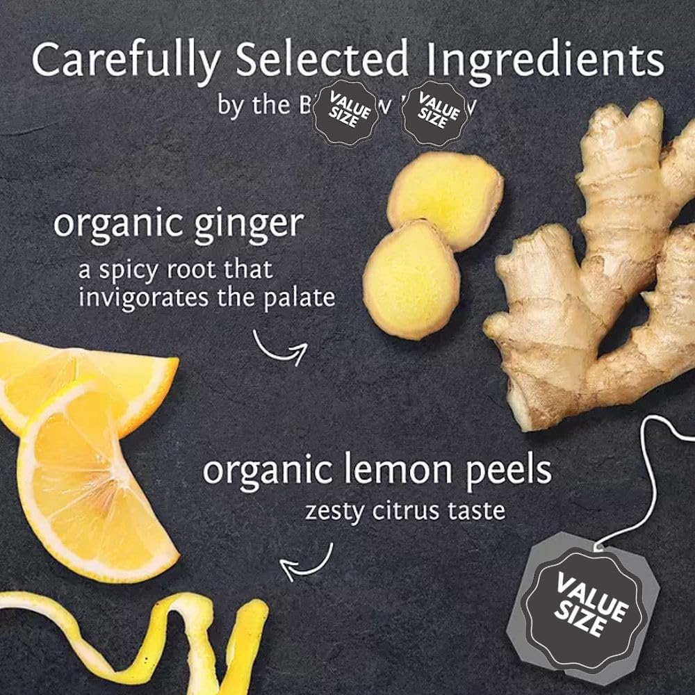 Generic Bigelowwss Organic Lemon Ginger Tea bags steep for a zesty, comforting cup.