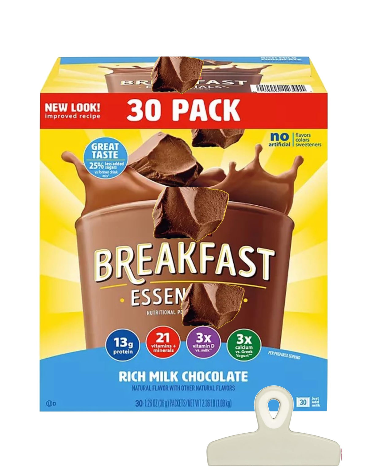 Generic Breakfast Essentials chocolate drink mix packaging, a quick nutritious breakfast option