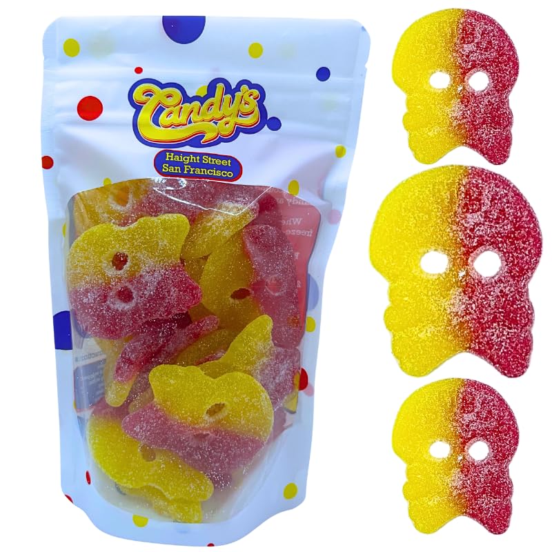 Generic BUBS Sour Fizzy Swedish Skulls half-pound bag close-up for bold tangy snacking.