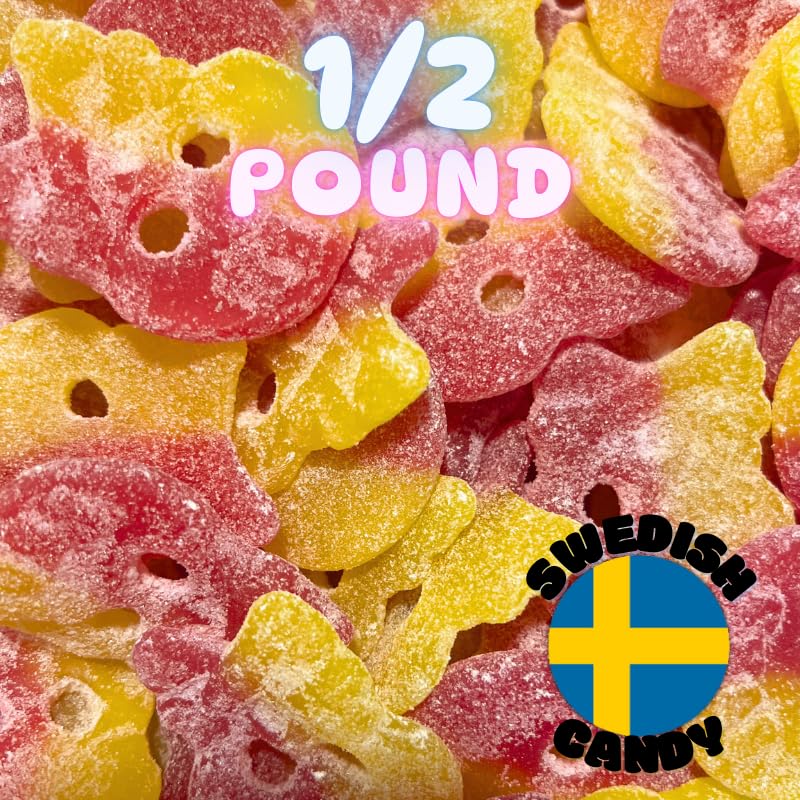 Generic BUBS Sour Fizzy Swedish Skulls split raspberry and lemon flavor close-up.