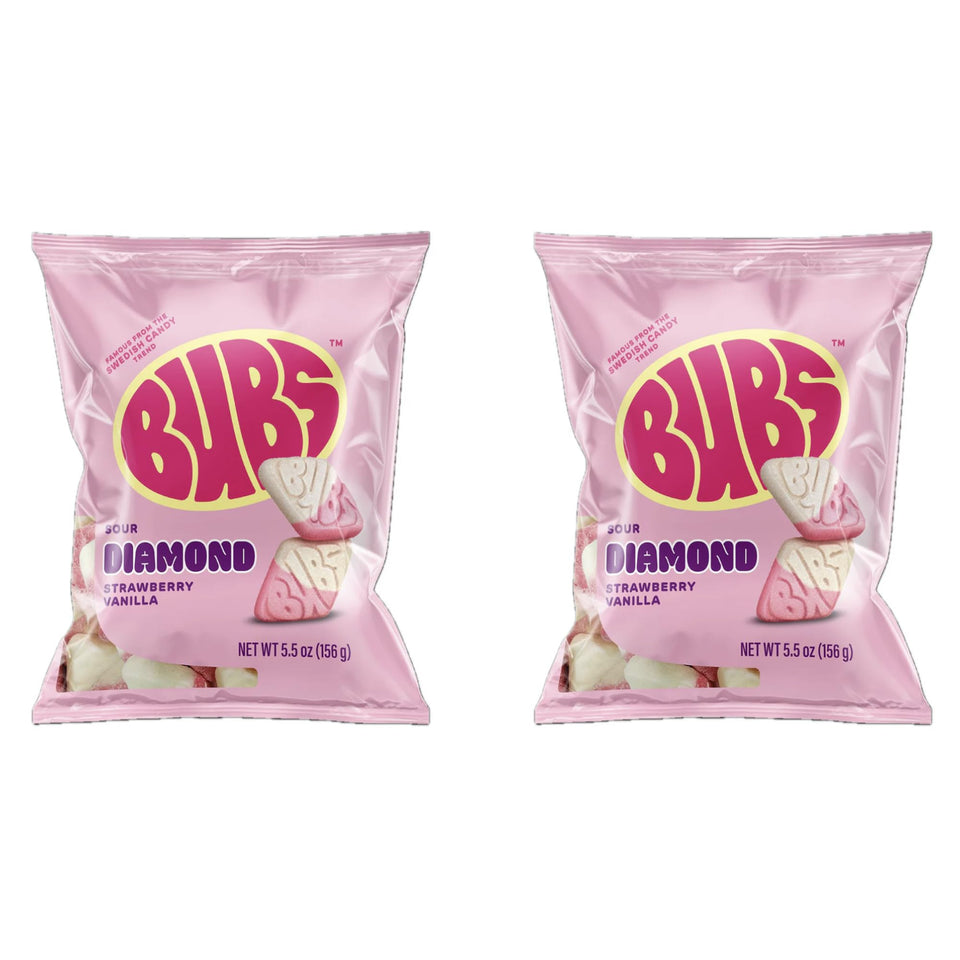 Generic BUBS sour strawberry vanilla diamond candy, front pack, tangy-sweet treat for gatherings.