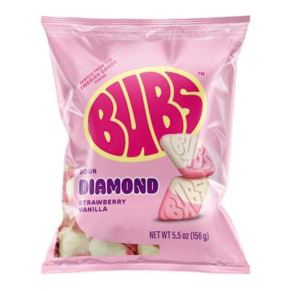 Generic BUBS sour strawberry vanilla diamond candy, serving bowl scene, ideal for sharing.