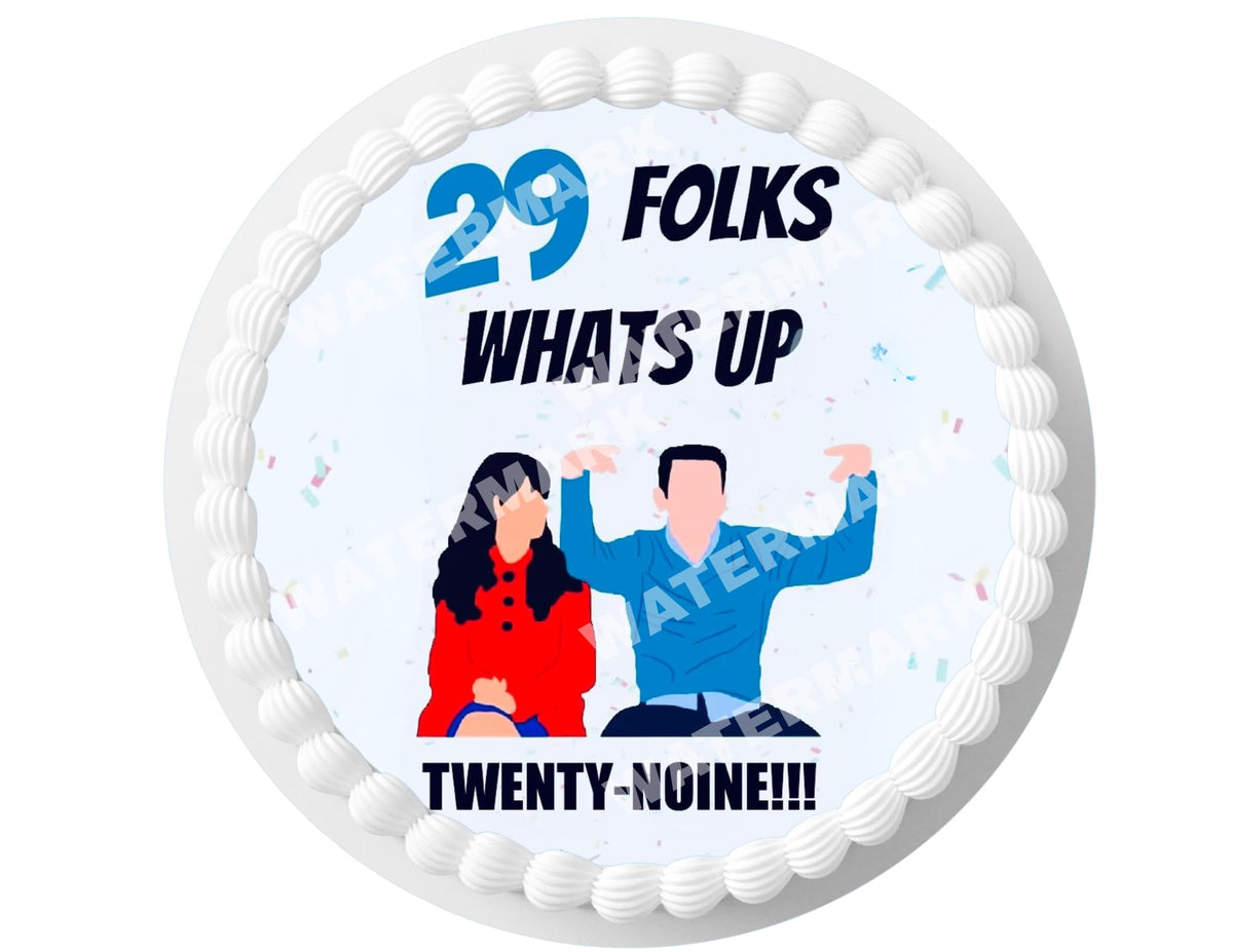Generic cake topper 29 edible New Girl on round 7.5-inch cake adds personalized flair.