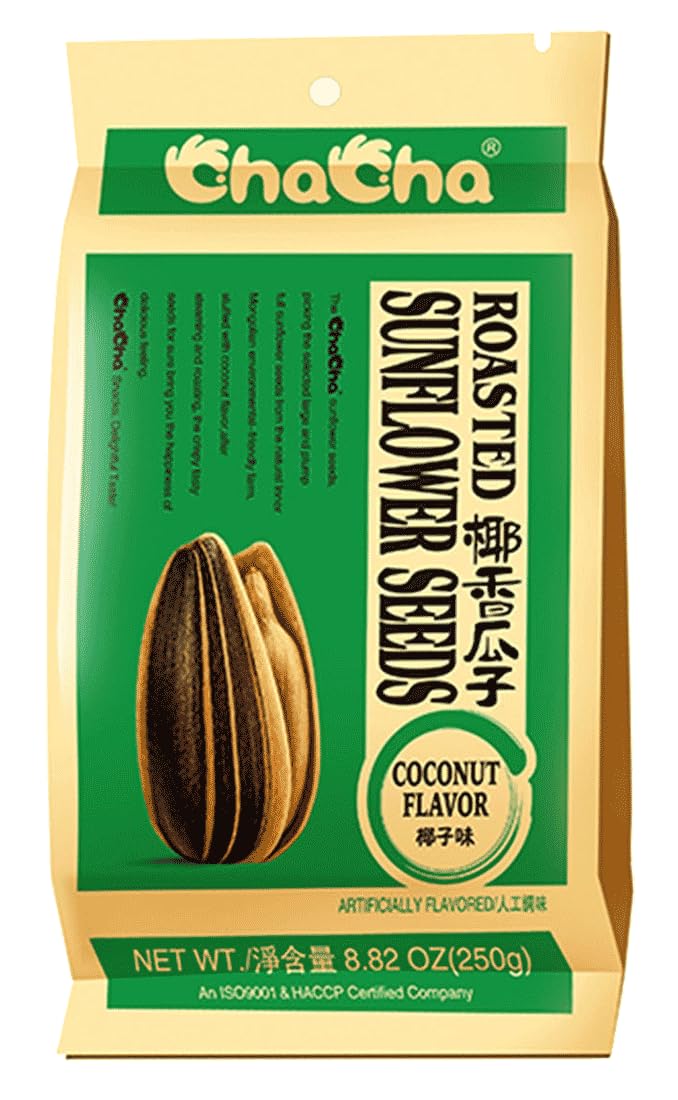 Generic ChaCha packaging of roasted coconut-flavored sunflower seeds, ideal for on-the-go snacking.