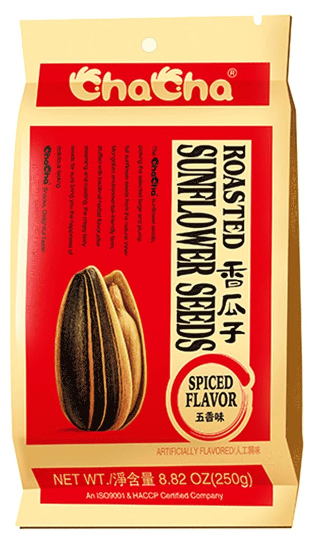 Generic ChaCha sunflower seeds front bag highlighting roasted and salted spiced flavor for on-the-go snacking.
