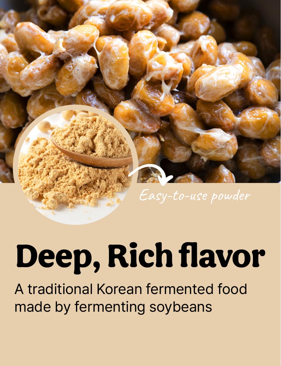 Generic Cheonggukjang powder packaging display highlighting vegan, non-GMO ingredients