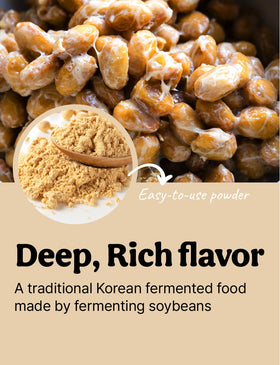 Generic Cheonggukjang powder packaging display highlighting vegan, non-GMO ingredients