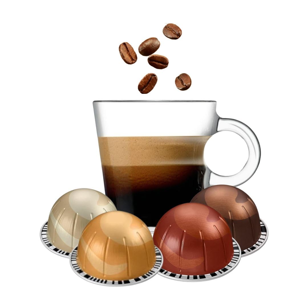 Generic coffee capsules assortment with vanilla, caramel, hazelnut, and chocolate flavors for versatile home brewing.