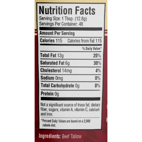 Generic Cornhusker Kitchen beef tallow used for frying, roasting, and crusts.